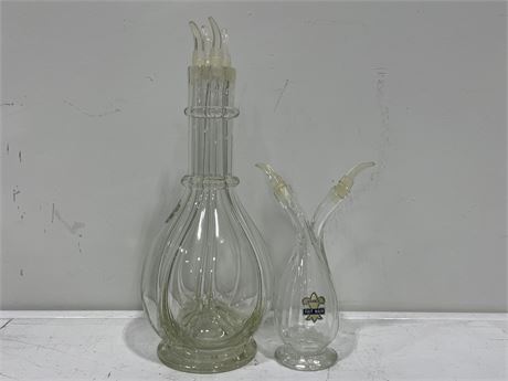 2 LIQUEUR DECANTERS — 4 CHAMBER & 2 CHAMBER (TALLEST IS 12”)