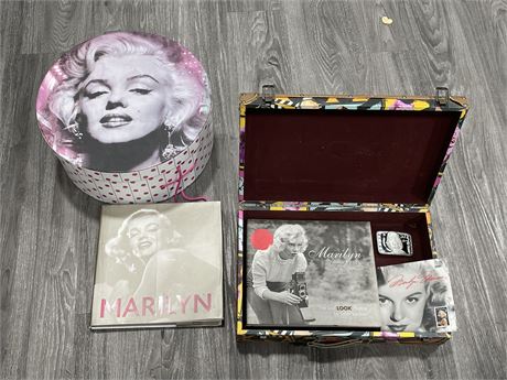 MARILYN MONROE COLLECTION INCLUDING SUITCASE, BOOKS, STAMPS, ETC