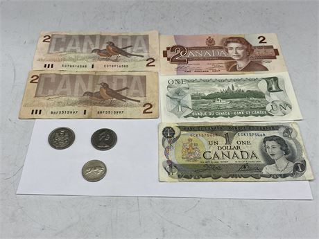 LOT OF CANADIAN BILLS, 1967 LYNX QUARTER, TWO 1969 50 CENT COINS