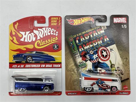 2 HOT WHEELS DRAG BUSES MIP 1:64 SCALE (CLASSIC SERIES 2 - #25 & CPT. AMERICA)