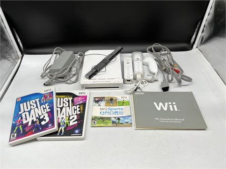 WII SYSTEM W/ CONTROLLERS - CORDS, SENSOR, MANUAL & GAMES