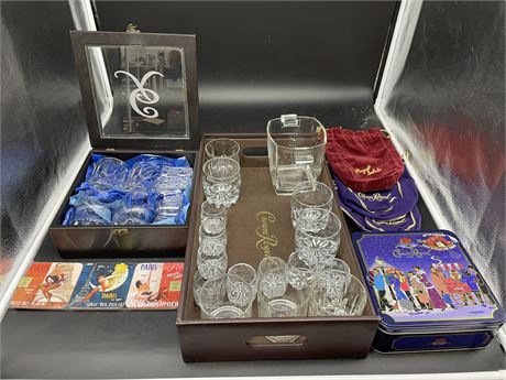 CROWN ROYAL WHISKEY COLLECTABLE TRAY, GLASSWARE, TIN & BAGS