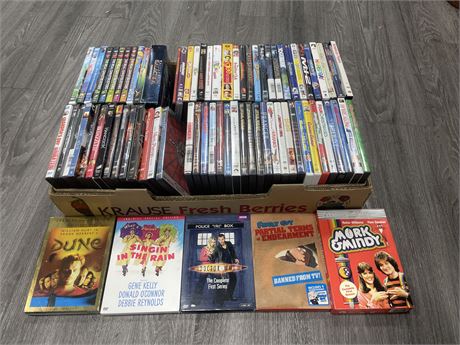 FLAT OF DVD’S INCL: MORK & MINDY COMPLETE, DOCTOR WHO COMPLETE FIRST SERIES, ETC