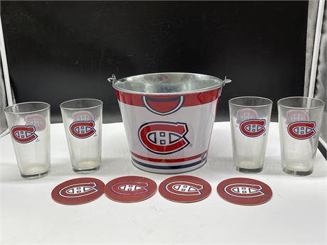 MONTREAL CANADIANS BUCKET, GLASSES, OPENER, & COASTER KIT