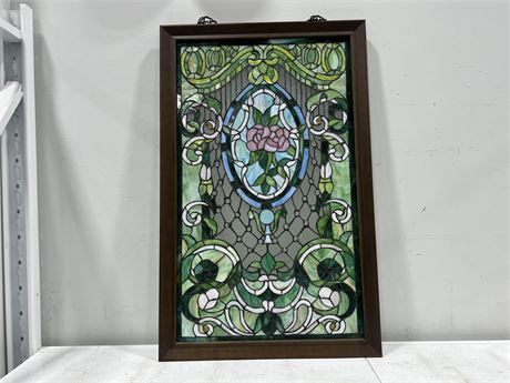 BEAUTIFUL VINTAGE STAINED GLASS PIECE IN FRAME (23.5”x37”)