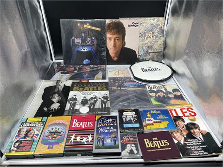 LOT OF BEATLES COLLECTABLES (17 ITEMS TOTAL) 2/3 RECORDS ARE MOSTLY SCRATCHED