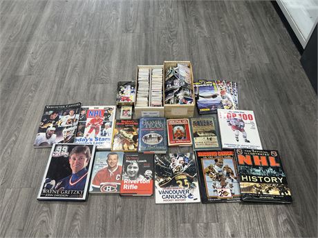 LOT OF ASSORTED SPORTS CARDS & BOOKS - NEW / OLD
