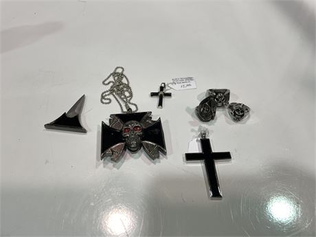 ASSORTED RINGS, NECKLACES, CROSSES AND KNUCKLE KNIFE