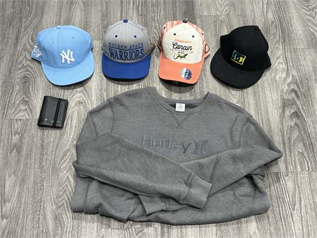 4 HATS, HURLEY PULL OVER & BENCH WALLET
