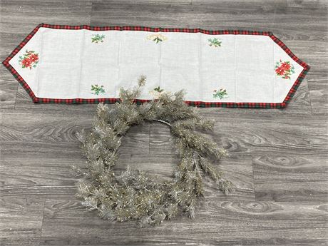 VINTAGE SILVER WREATH (23”) + XMAS EMBROIDERED RUNNER