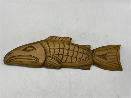 1ST NATIONS CARVED FISH SIGNED ON BACK (17.5”X5.5”)