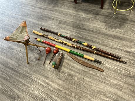 HAND PAINTED / CARVED WALKING STICKS, FOLDUP SEAT, CARVED DUCK, ETC