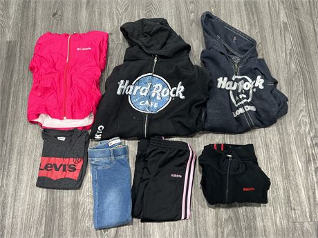 2 ADULT SMALL HARD ROCK HOODIES + 5 LIKE NEW PCS OF YOUTH GIRLS CLOTHES