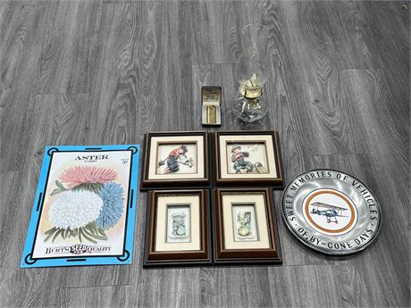 LOT OF 4 VINTAGE 3D PICTURES + OIL LAMP, AS NEW LIGHTER & ECT