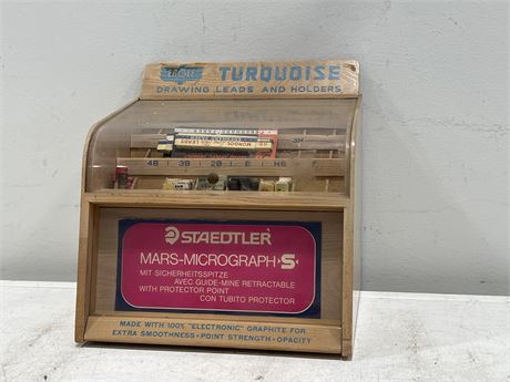 VINTAGE EAGLE TURQUOISE / STAEDTLER STORE DISPLAY W/ CONTENTS - 11”x11”x9”