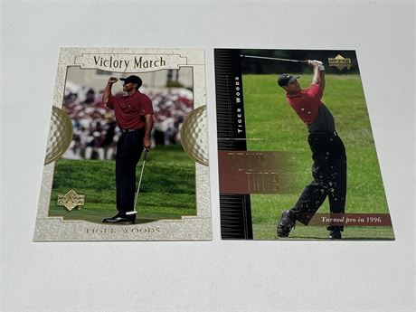 2 ROOKIE TIGER WOODS CARDS - TOUR TIME & VICTORY MARCH