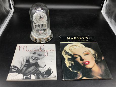MARILYN MONROE ANNIVERSARY CLOCK TIME PIECE AND 2 BOOKS