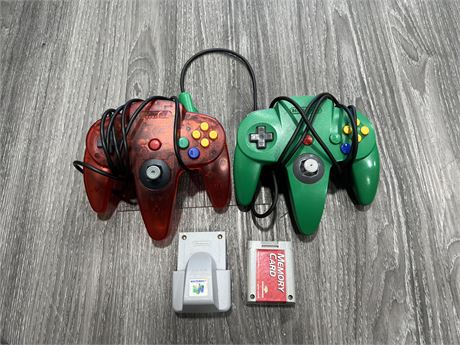 GREEN N64 CONTROLLER (LOOSE STICK) + 3RD PARTY RED CONTROLLER & N64 RUMBLE PACK