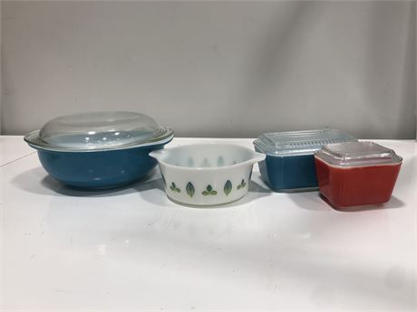 PYREX BLUE CASSEROLE & PYREX BLUE + RED DISHES & PYREX WHITE SMALL CASSEROLE