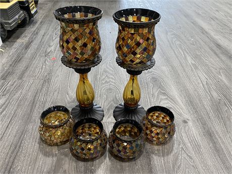 6 PARTYLITE MOSAIC TEALIGHT HOLDERS ( TALLEST IS 13”)
