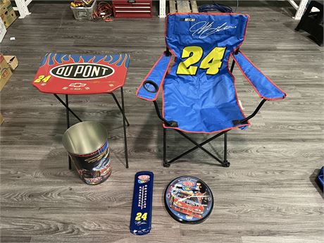 DU PONT MOTOR SPORTS SET (LAWN CHAIR/CLOCK/SIDE TABLE/THERMOMETER/GABAGE CAN)