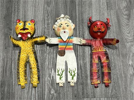 3 MEXICAN COCONUT FACE FOLK ART PUPPETS 15” TALL