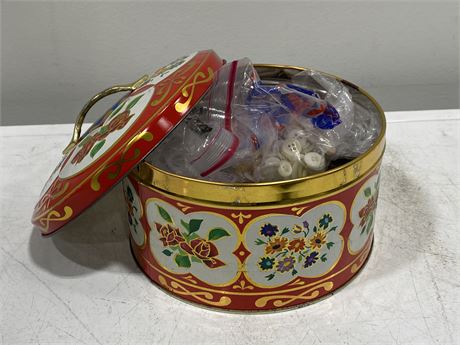 VINTAGE XMAS TIN FULL OF BUTTONS (4.5” TALL)