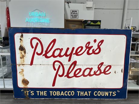 1956 PLAYERS ORIGINAL STORE SIGN 5’x8’ FROM ALBERTA W/ BACK FRAME