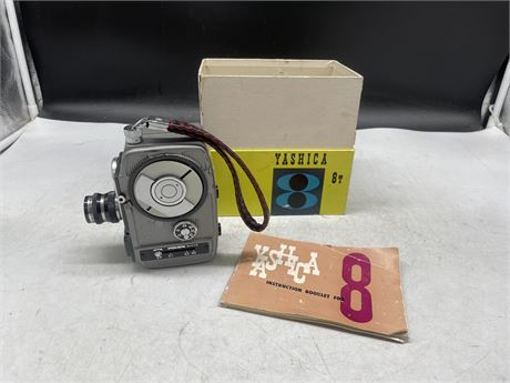 YASHICA - 8 MOVIE CAMERA VINTAGE MID CENTURY WITH INSTRUCTION BOOKLET