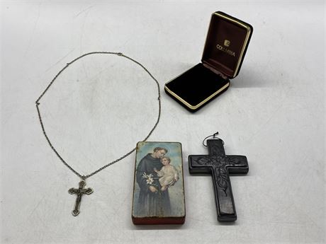 VINTAGE WOOD ICON, POTTERY CROSS, + SILVER ITALY ROSARY (26”)