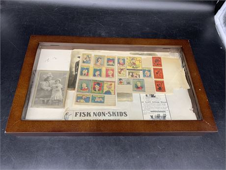SHOWCASE W/OLD COMIC STAMPS + PHOTOGRAPHS