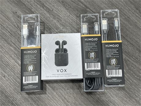 SEALED VOX TRUE WIRELESS EARBUDS + 3 NEW NUMOJO IPHONE / IPAD CHARGERS