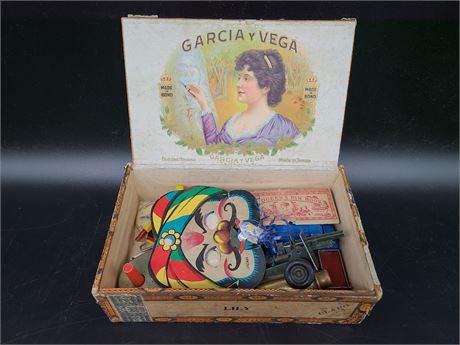 ANTIQUE BOX WITH ASSORTED COLLECTABLES