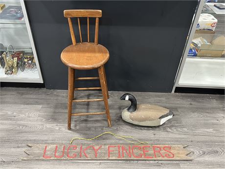 VINTAGE WOODEN “LUCKY FINGERS” SIGN 47” LONG + VINTAGE DECOY & HIGH STOOL