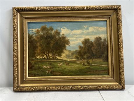 EARLY SIGNED OIL ON CANVAS PAINTING - FOREST / DEER SCENE (33.5”x26”)