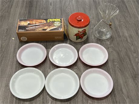 LOT OF MISC PYREX DISHES & CANISTER