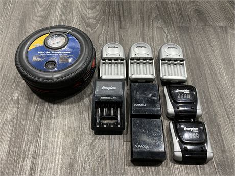 LOT OF ASSORTED AA CHARGERS & A PORTABLE TIRE AIR PUMP