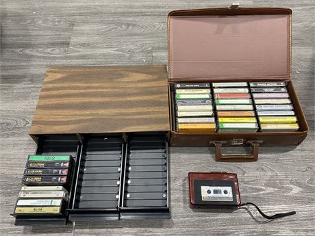 VINTAGE G.E CASSETTE PLAYER W/2 CASES + TAPES (LARGEST IS 15”X3.5”)