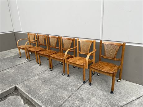 6 VINTAGE HAND MADE WOODEN CHAIRS W/ WOVEN WICKER BACKING - 34”x19”x23”