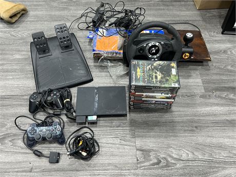 PLAYSTATION 2 CONSOLE W/CONTROLLERS, GAMES, RACING ACCESSORIES