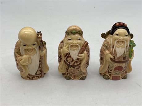 3 ORIENTAL PAINTED RESIN SIGNED FIGURES (3” tall)