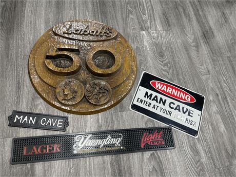 MAN CAVE LOT INCLUDING SIGNS, LMBTTS, & DRINK POURING MAT