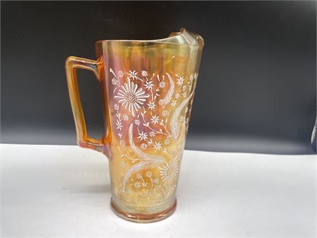 VINTAGE LARGE GLASS PITCHER - POSSIBLY CARNIVAL GLASS 9” TALL