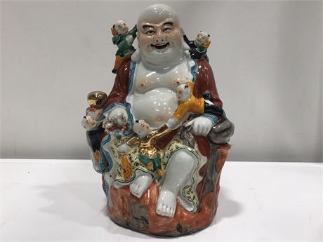 CHINESE HAPPY BUDDHA W 2 STAMPS ON BASE 10.5”