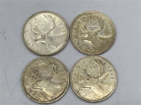 4 CANADIAN SILVER QUARTERS 1930-1966