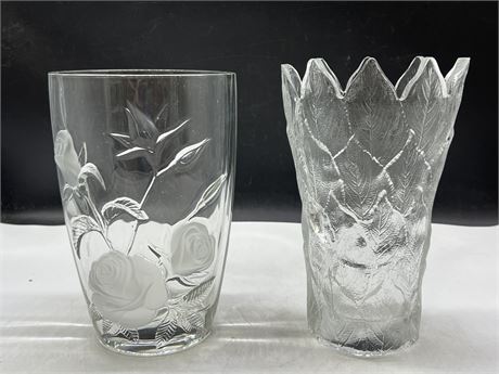 2 DECORATIVE GLASS VASES (10” tall)