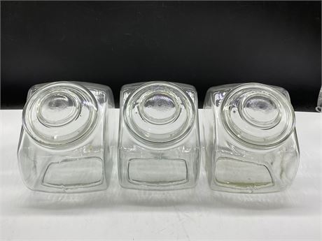 3 VINTAGE CLEAR GLASS GENERAL STORE JARS (7” TALL)