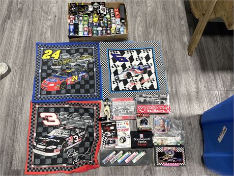 30+ RACING DIE CAST CARS, 3 PILLOW COVERS, LIGHTERS, WALLET, ETC