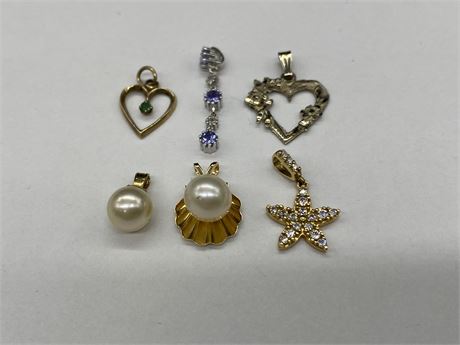 6 GOLD PENDANTS - 9K EMERALD HEART, OTHERS ARE 10K AND 14K