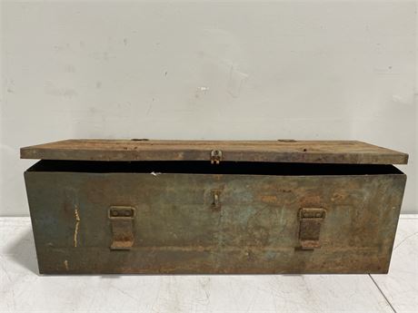 LARGE WW2 LAND MINE BOX MARKED “1944 MINE AT MIS2” (28”X10.5”)